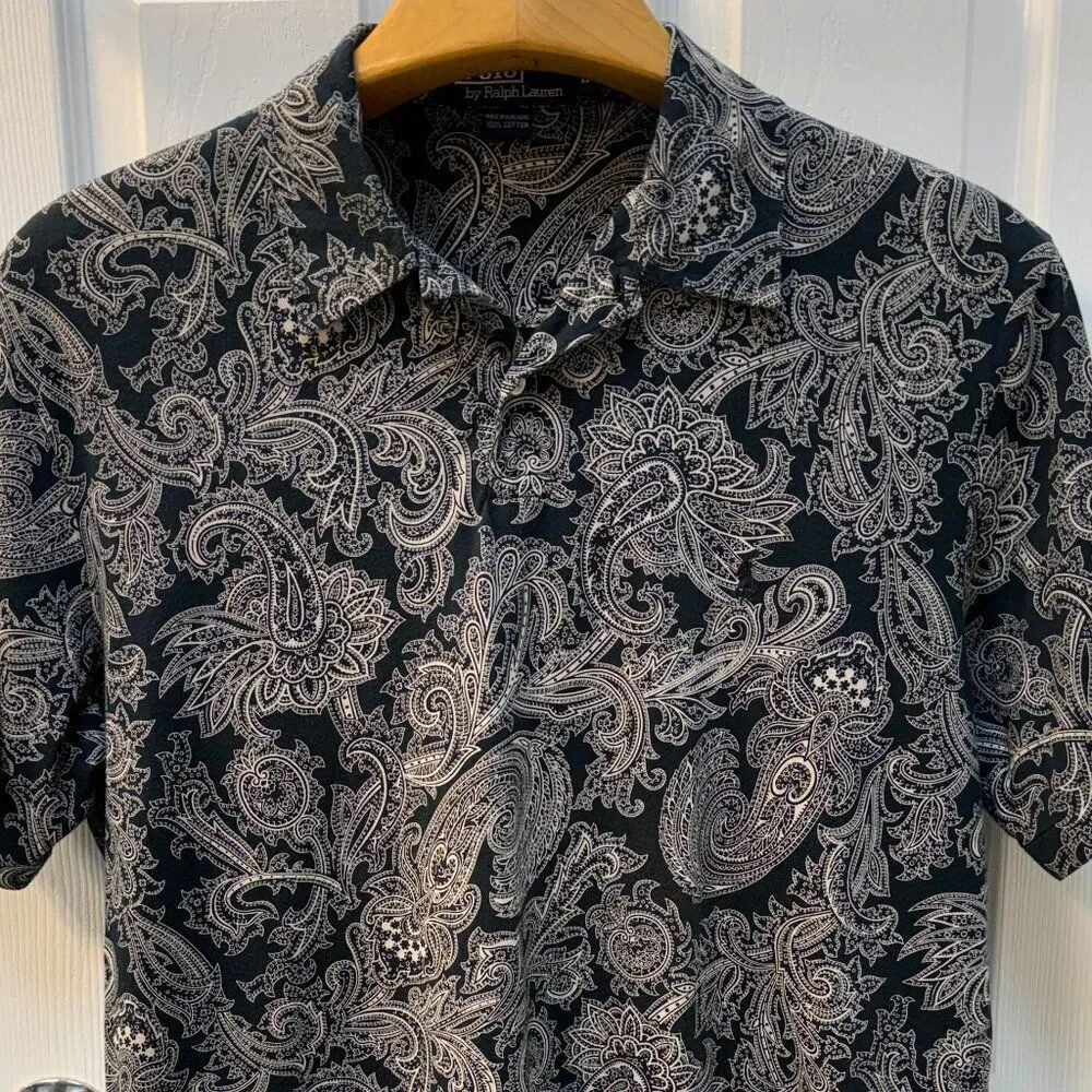 Vintage 90s Polo Ralph Lauren Black Large Paisley Polo Shirt Size Large
